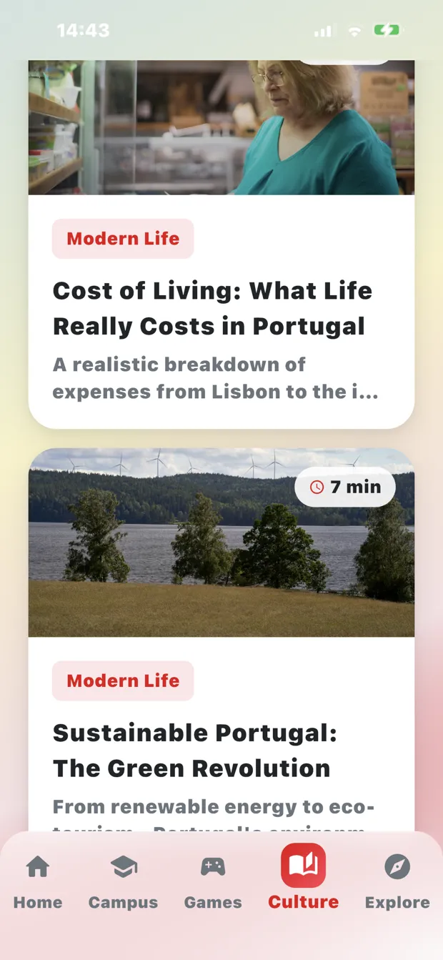 Portuguese culture stories in the app: cost of living and sustainable Portugal articles