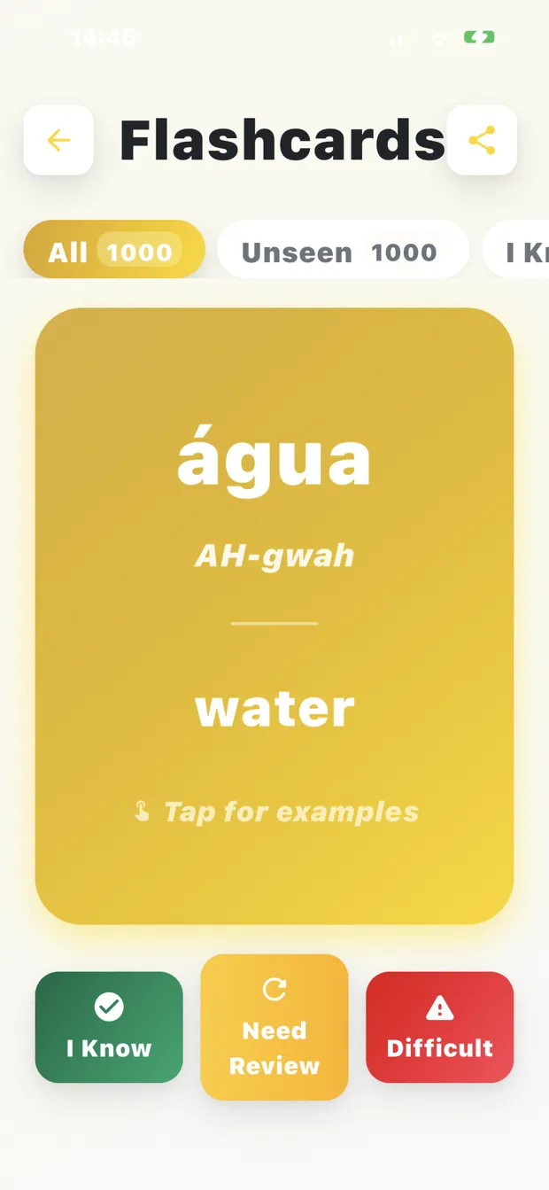 Portuguese flashcards screen showing the word água with pronunciation AH-gwah and English translation water