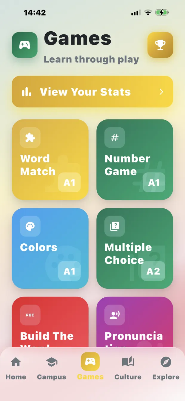 Portuguese learning games screen with Word Match, Number Game, Colors and Multiple Choice by CEFR level