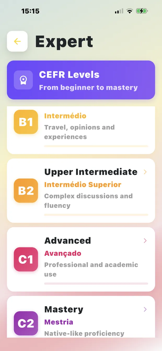 CEFR levels screen in Portugal Lifestyle Pro from B1 Intermediate to C2 Mastery