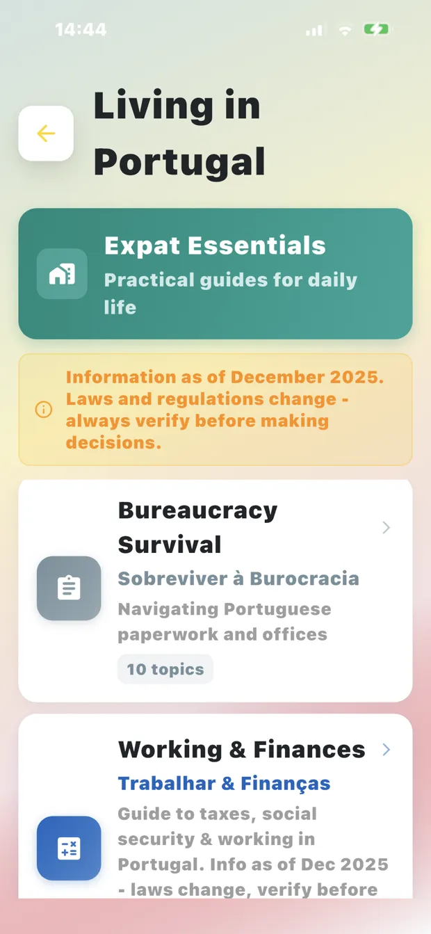 Living in Portugal section with Expat Essentials, Bureaucracy Survival and Working & Finances guides