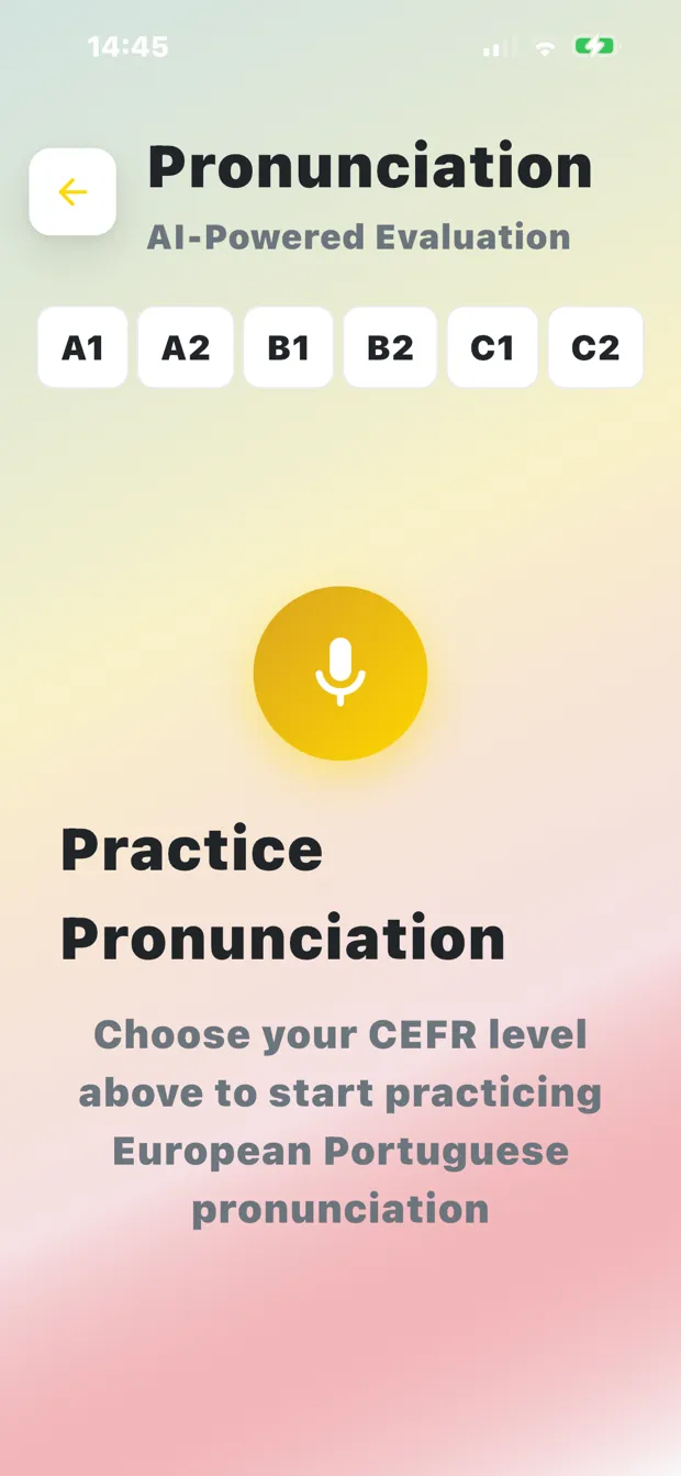 AI-powered European Portuguese pronunciation practice screen with CEFR levels A1 to C2