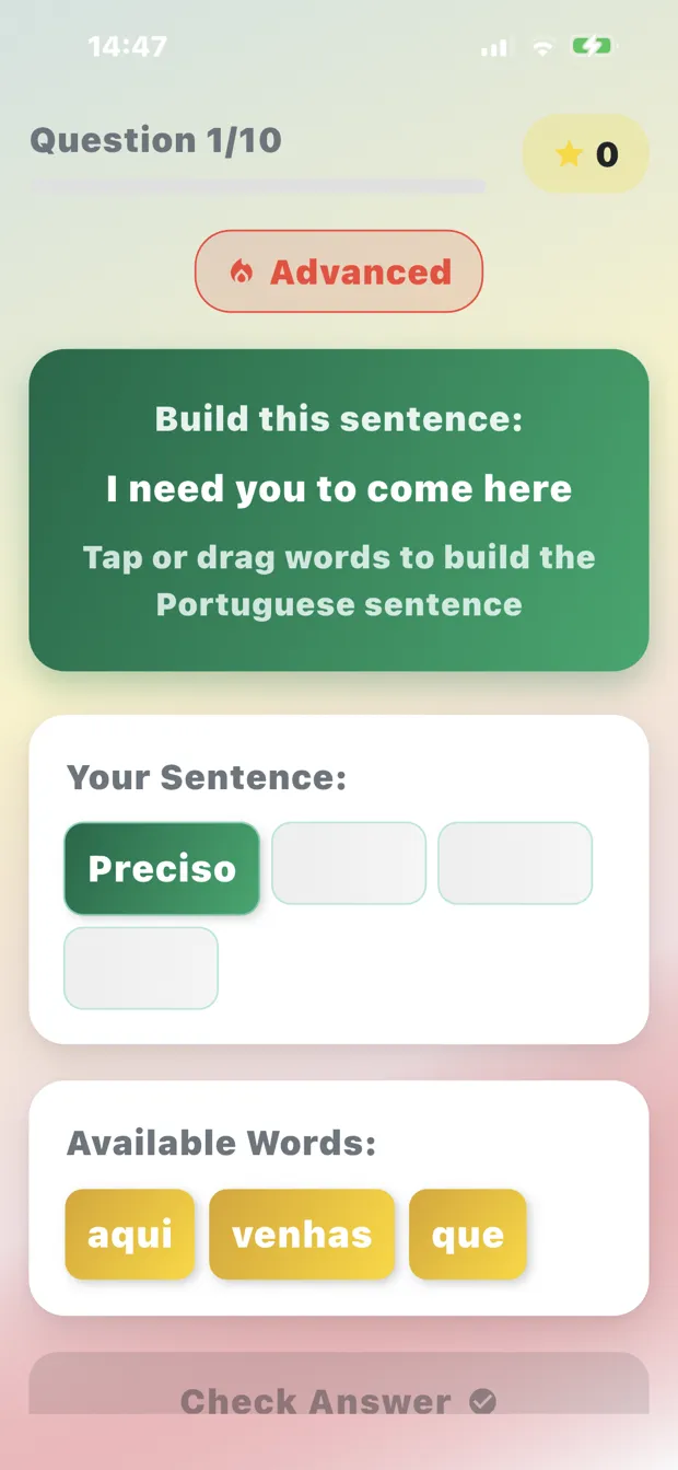 Sentence Builder game constructing a European Portuguese sentence word by word