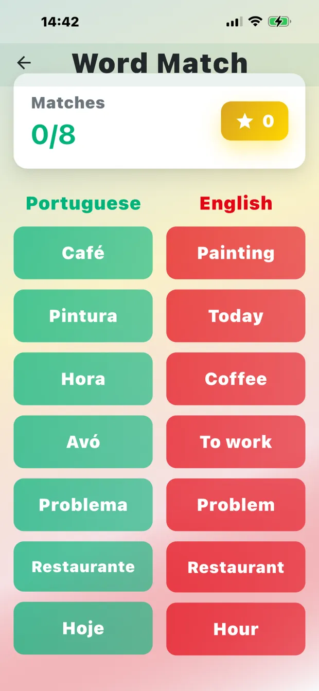 Word Match game matching Portuguese words like café, hora and hoje with their English translations
